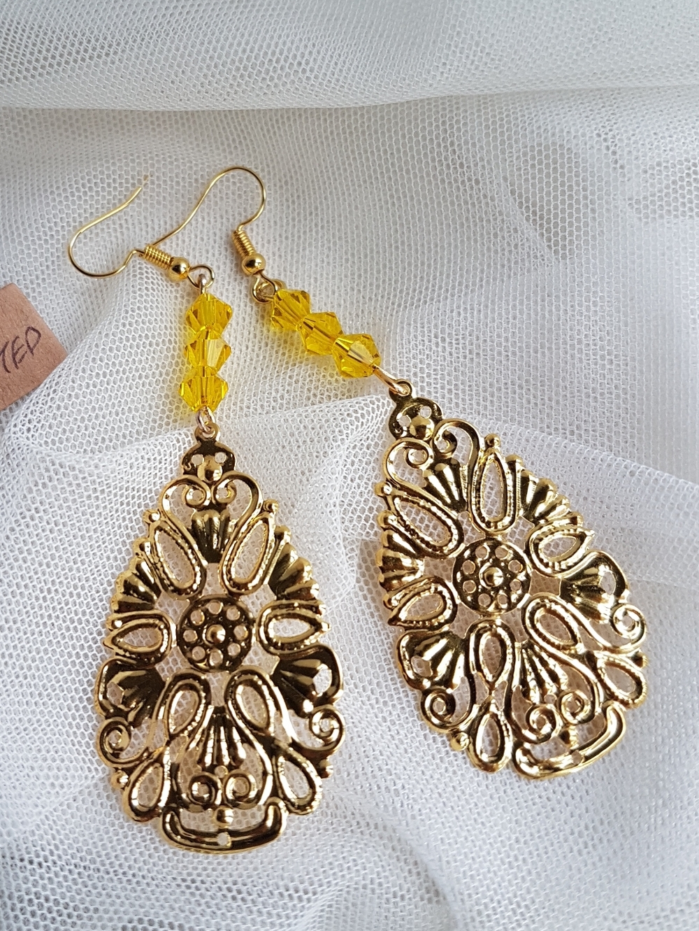 Swarovski Elements Citrine Yellow Gold Filigree Earrings NEW